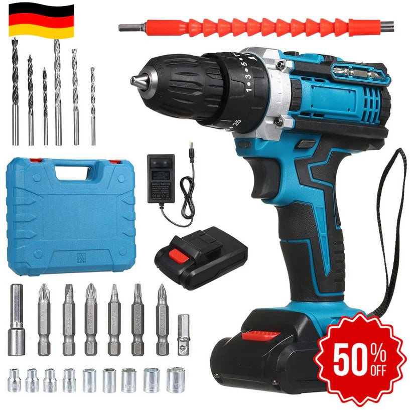 DrillMaster | Ηλεκτρικό Δράπανο με Κρούση και Μπαταρία (Πλήρες Γερμανικό Σετ)